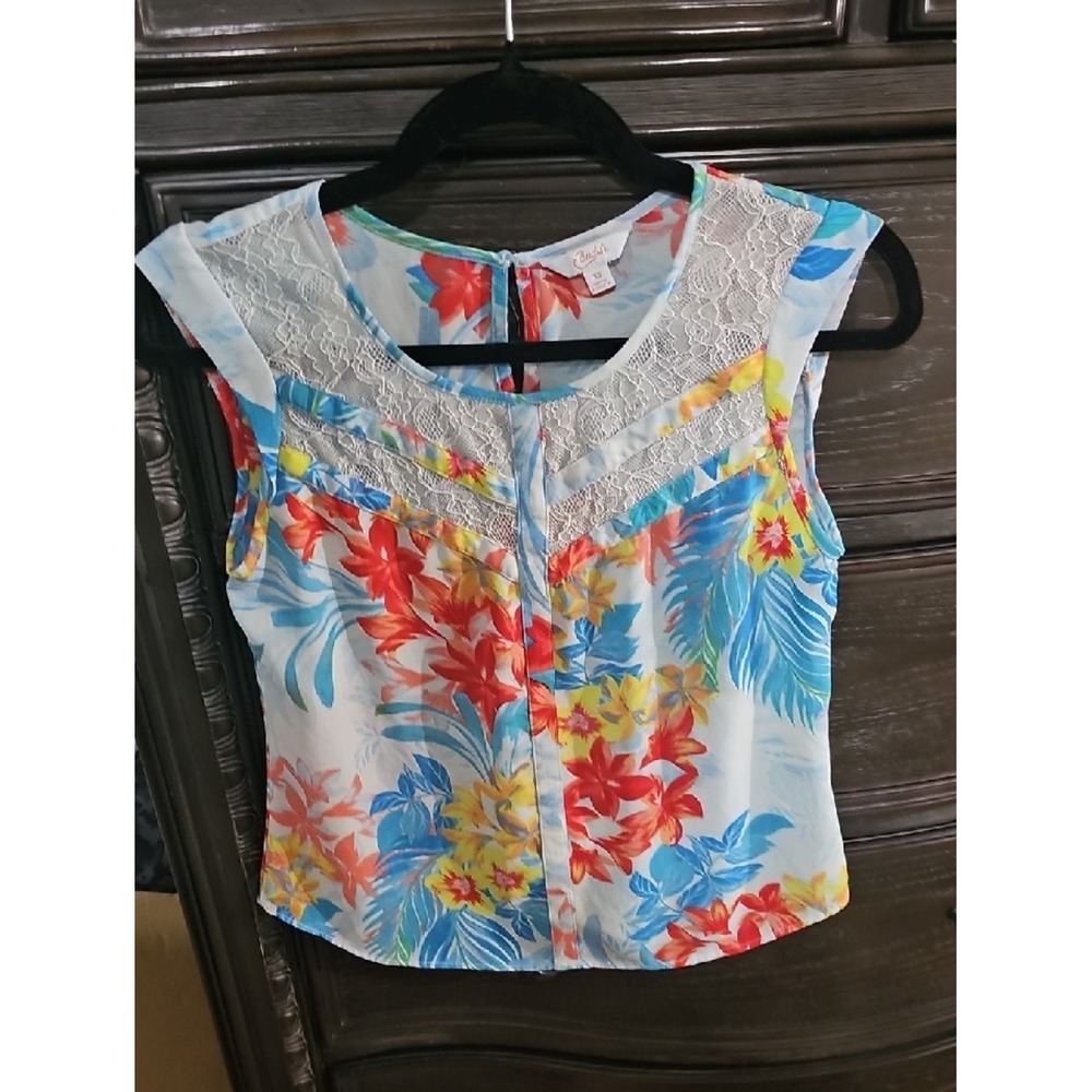 Candies Tropical Floral Lace Inset Sleeveless Blouse Blue Red Yellow XS